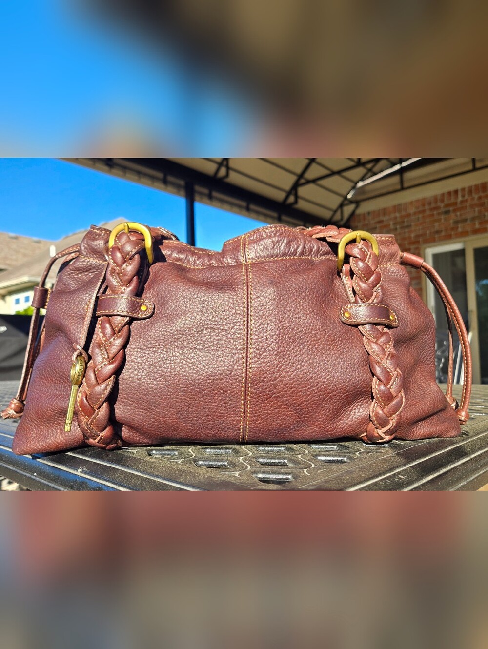 Vintage Fossil Leather Braided Shoulder Bag Drawstring Hobo Brown Y2K Boho